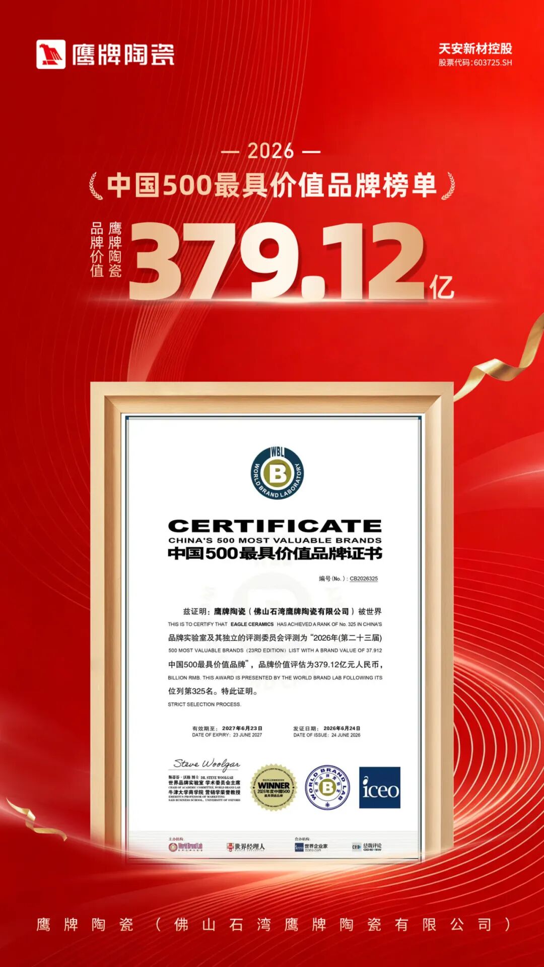 鹰牌陶瓷以379.12亿品牌价值再登“中国500最具价值品牌”榜单(图1)